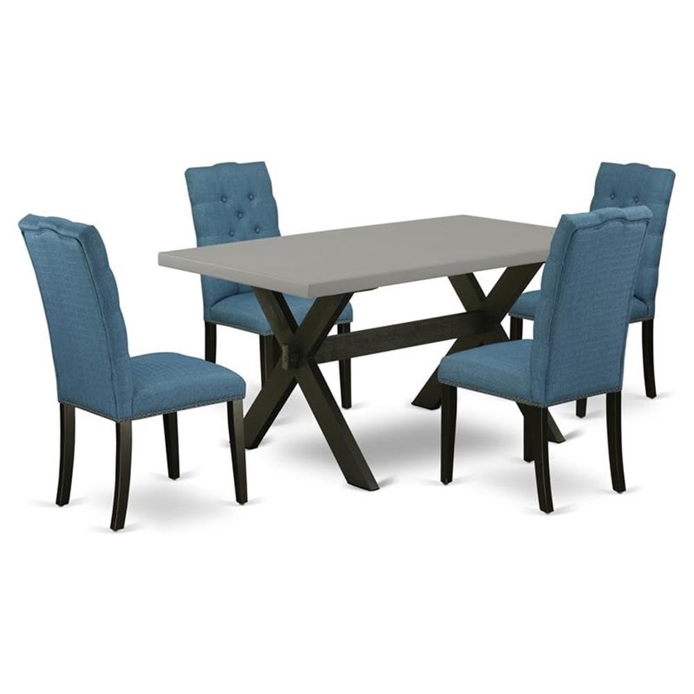 East West Furniture X696El121-5 5 Piece Dining Table Set For 4 Includes A Rectangle Kitchen Table With X-Legs And 4 Blue Linen Fabric Upholstered Chairs, 36X60 Inch, Multi-Color